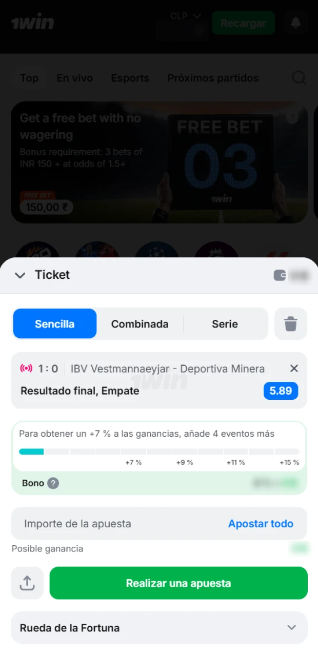 Realiza una apuesta deportiva o de casino en la aplicación 1win.