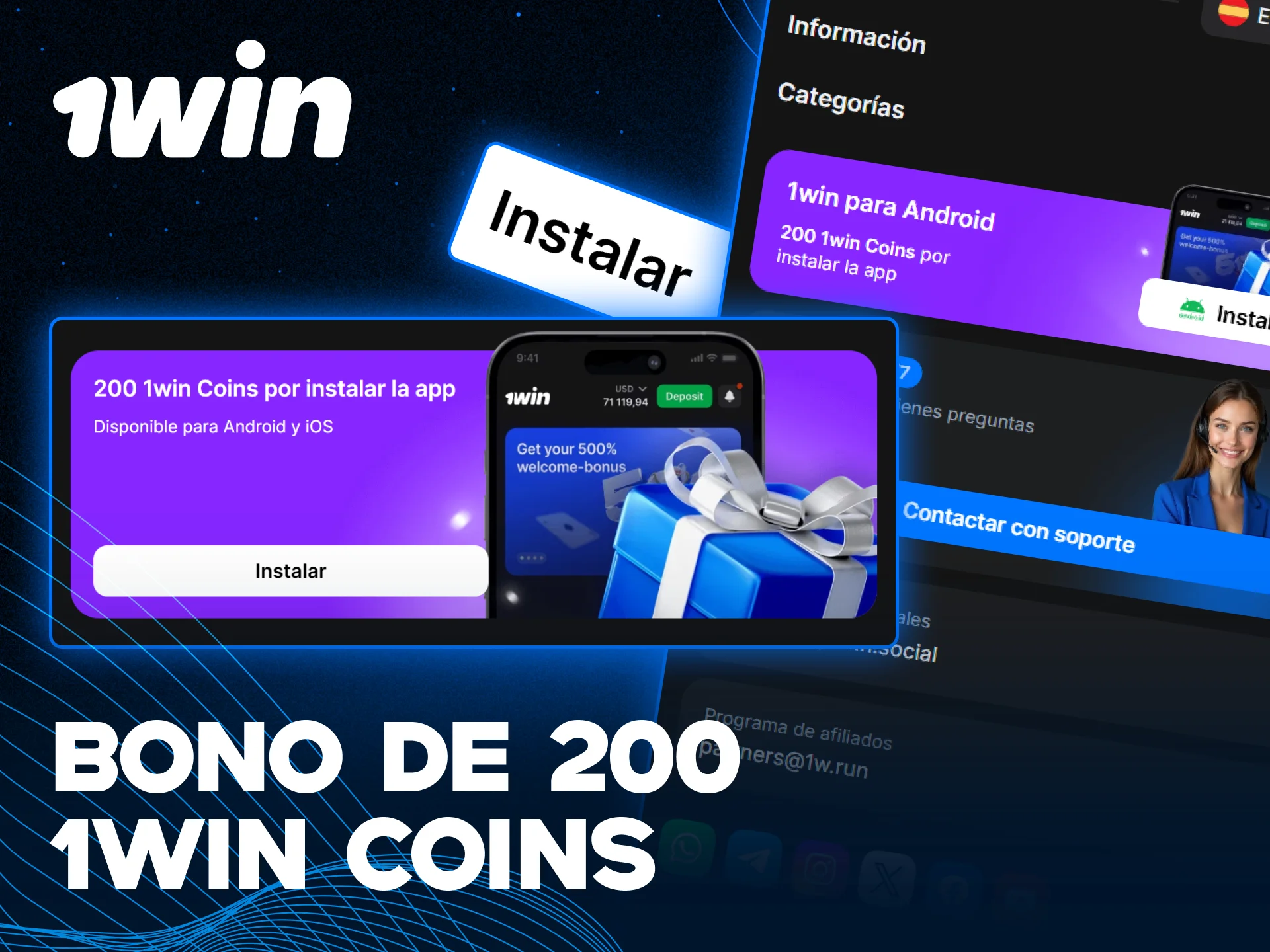 Reclama el bono de 1win Coins por instalar la aplicación 1win.