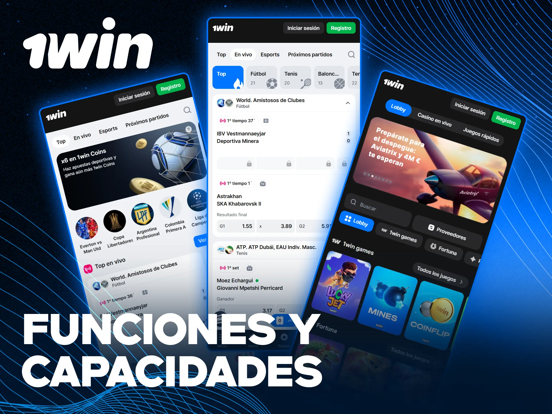 Explora las funciones principales de deportes y casino en la aplicación 1win.