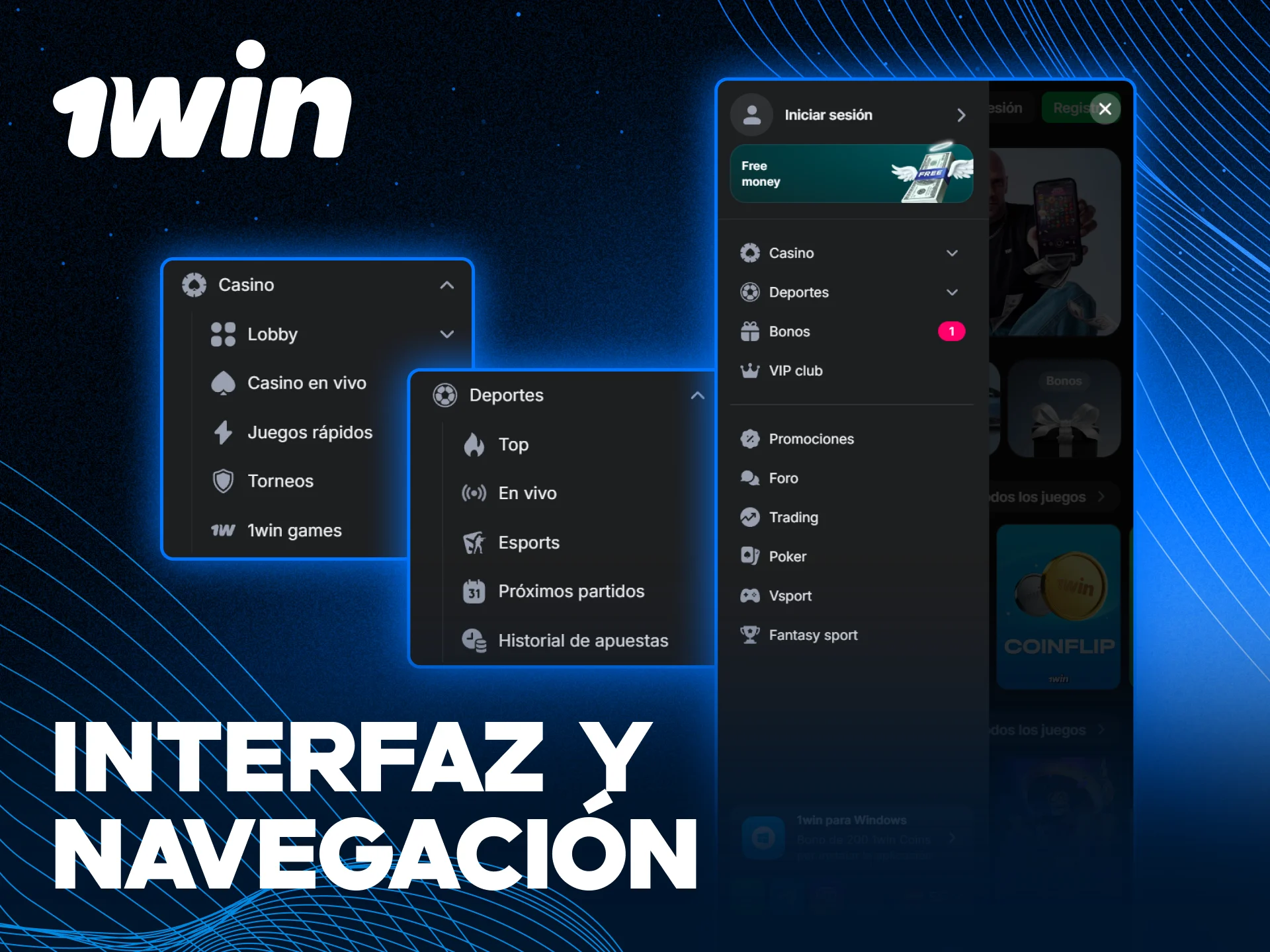 Navega por la interfaz y usabilidad intuitiva de la aplicación 1win.