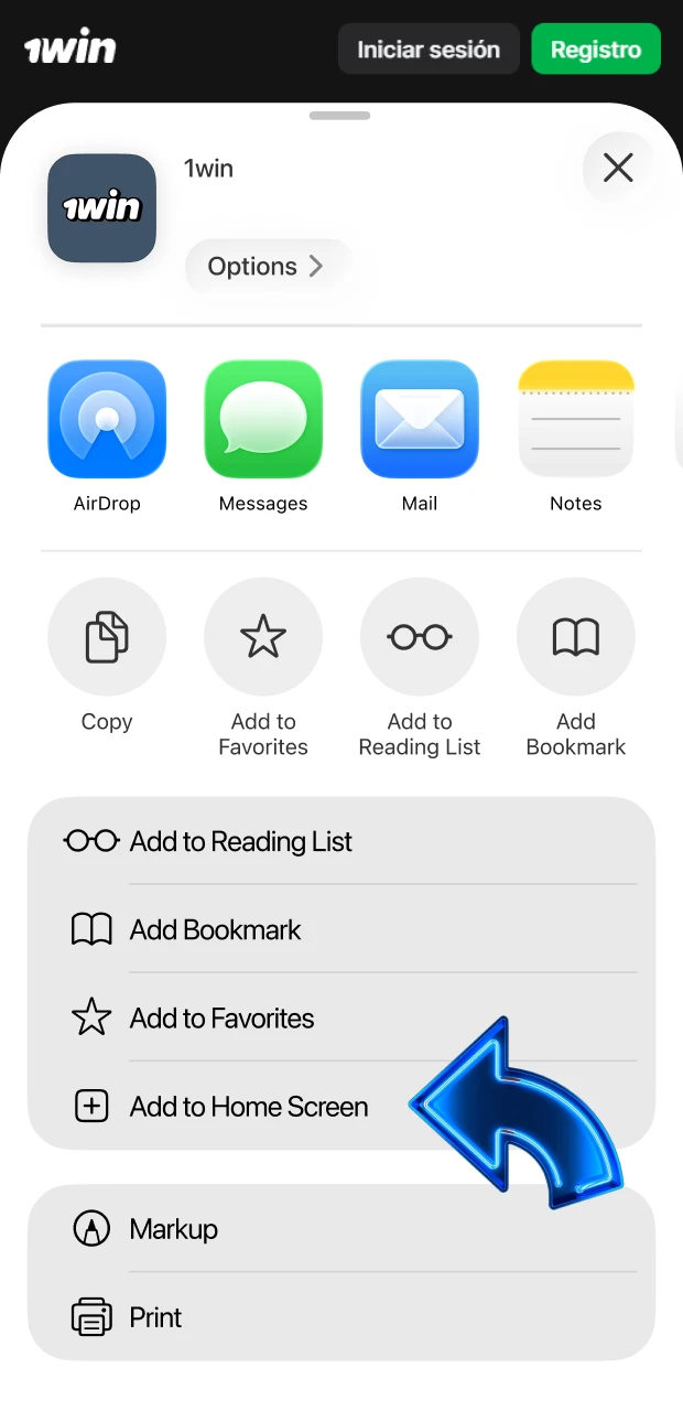 Selecciona la opción agregar a inicio de la aplicación 1win iOS.