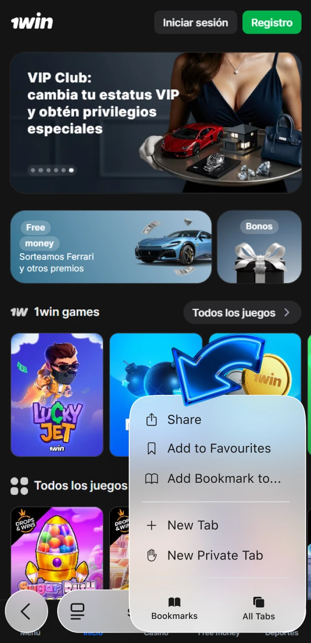 Presiona el botón de compartir para instalar la aplicación 1win iOS.