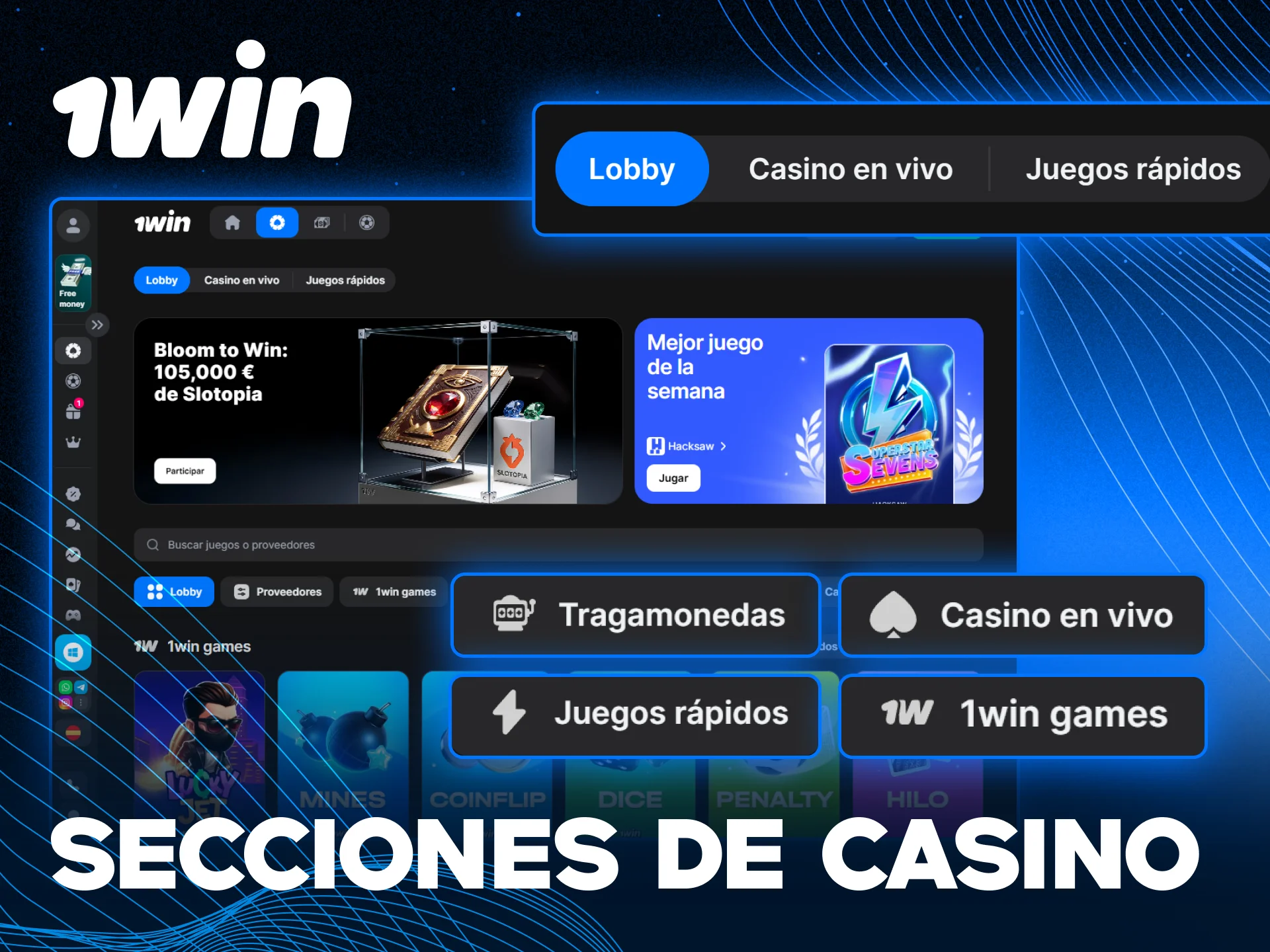 Explora las diversas secciones de casino en 1win para ganar dinero real.