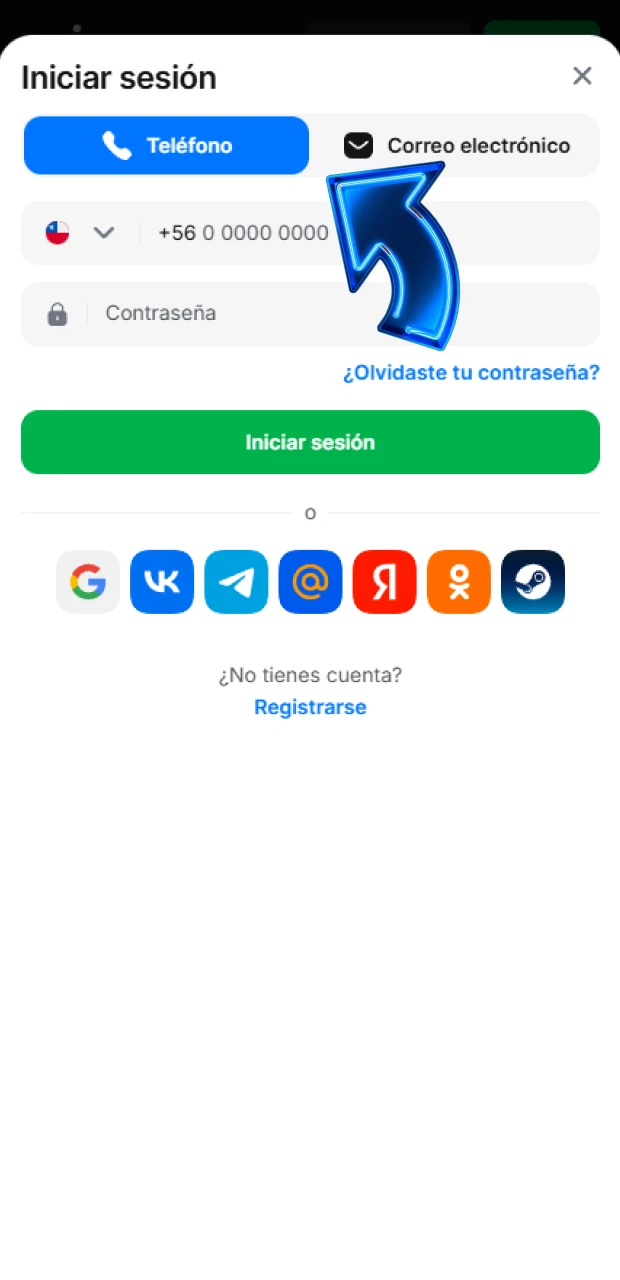 Selecciona la modalidad preferida de inicio de sesión en 1win Chile.