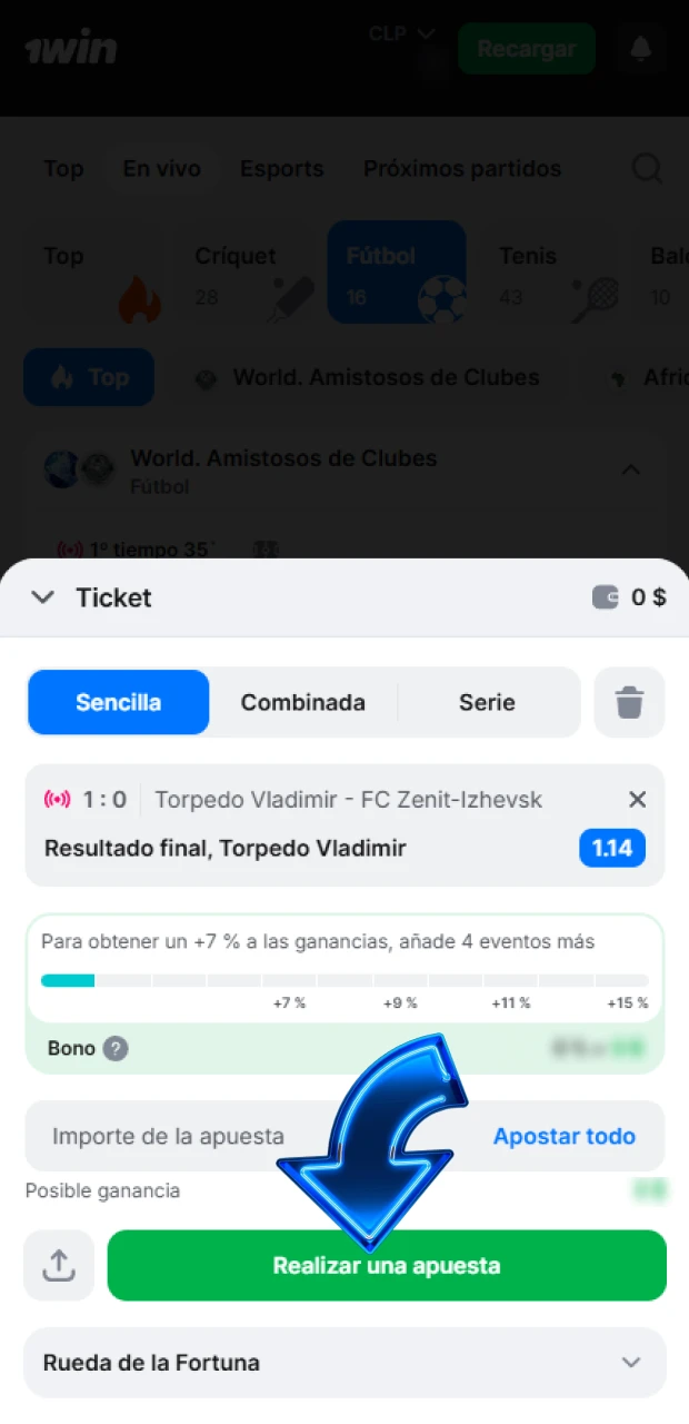 Establezca el monto de su apuesta deportiva en 1win y confirme.