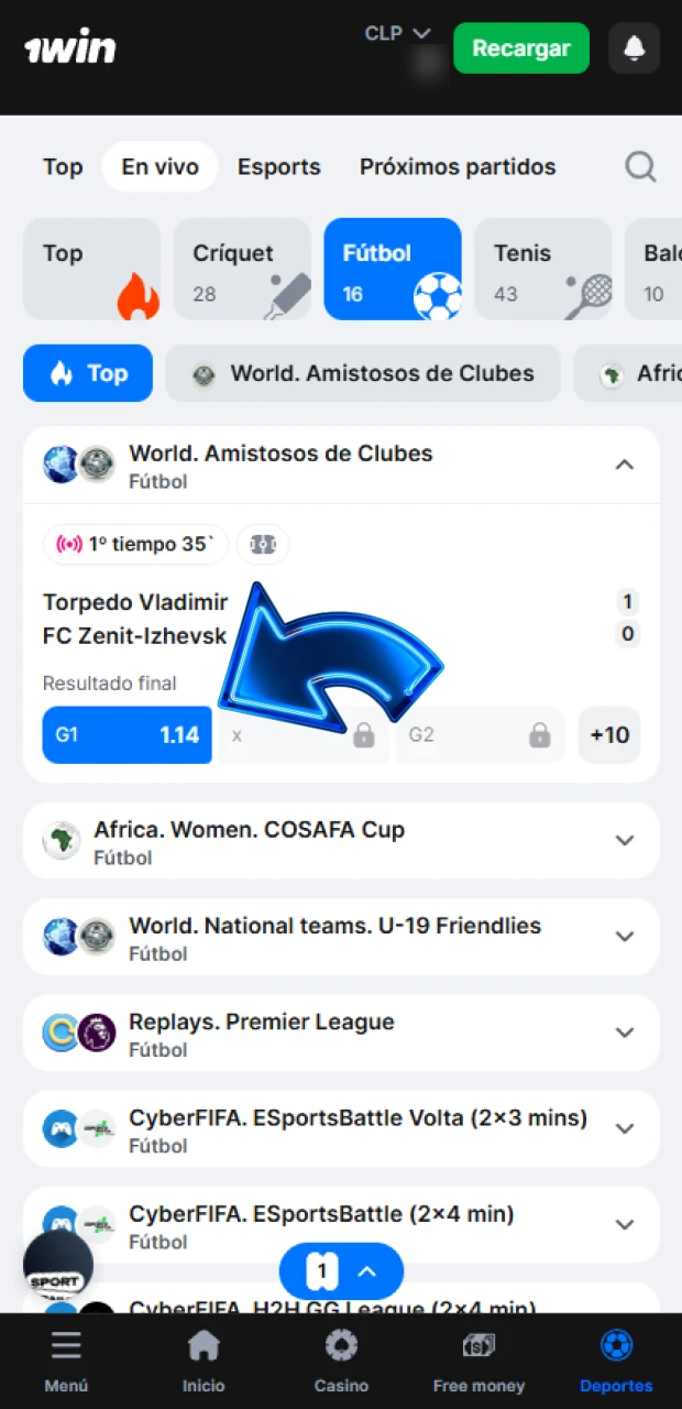 Encuentra tu evento favorito para apostar en deportes en 1win Chile.