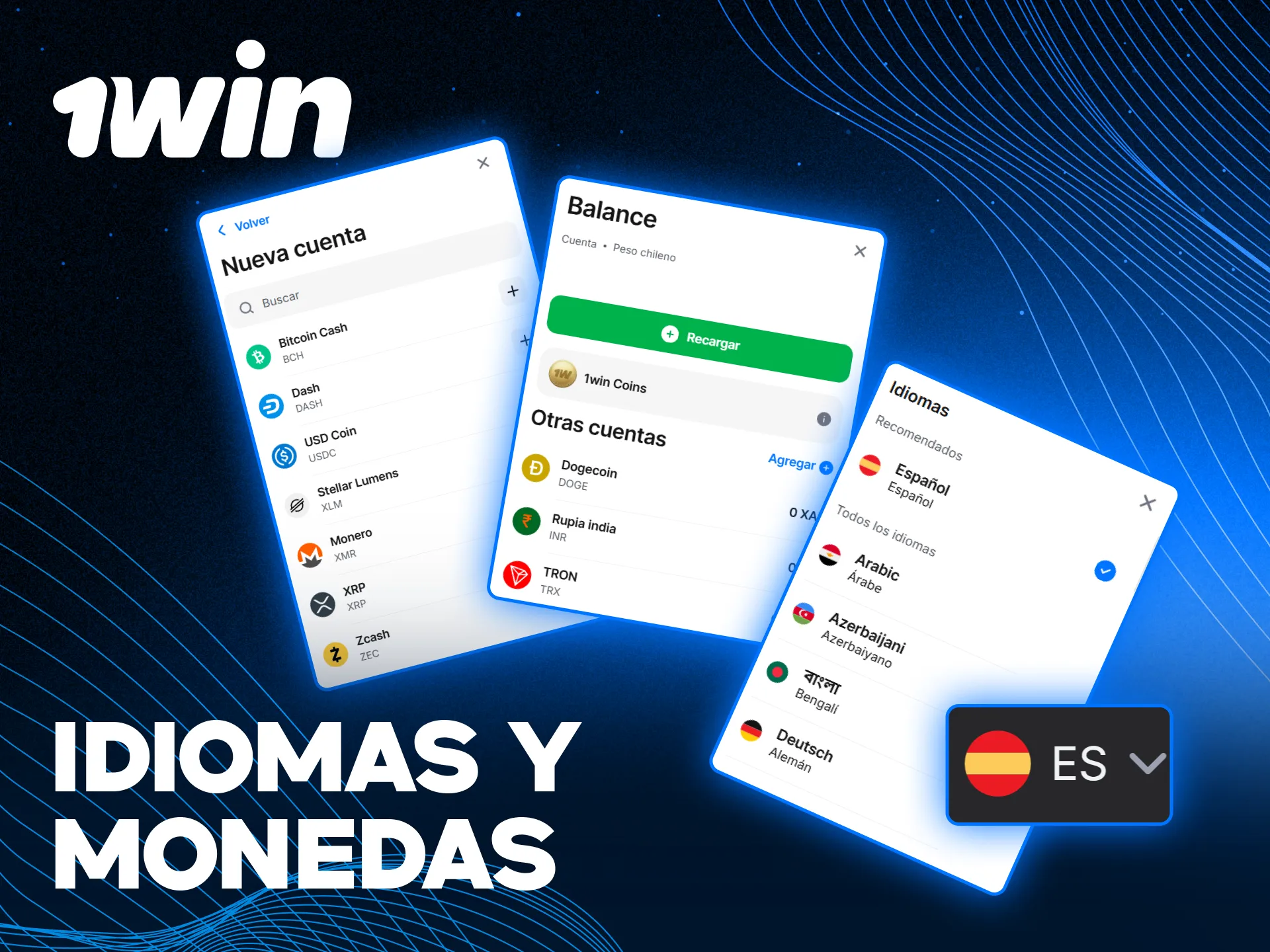 Revisa las características de idiomas y monedas en el sitio web 1win.