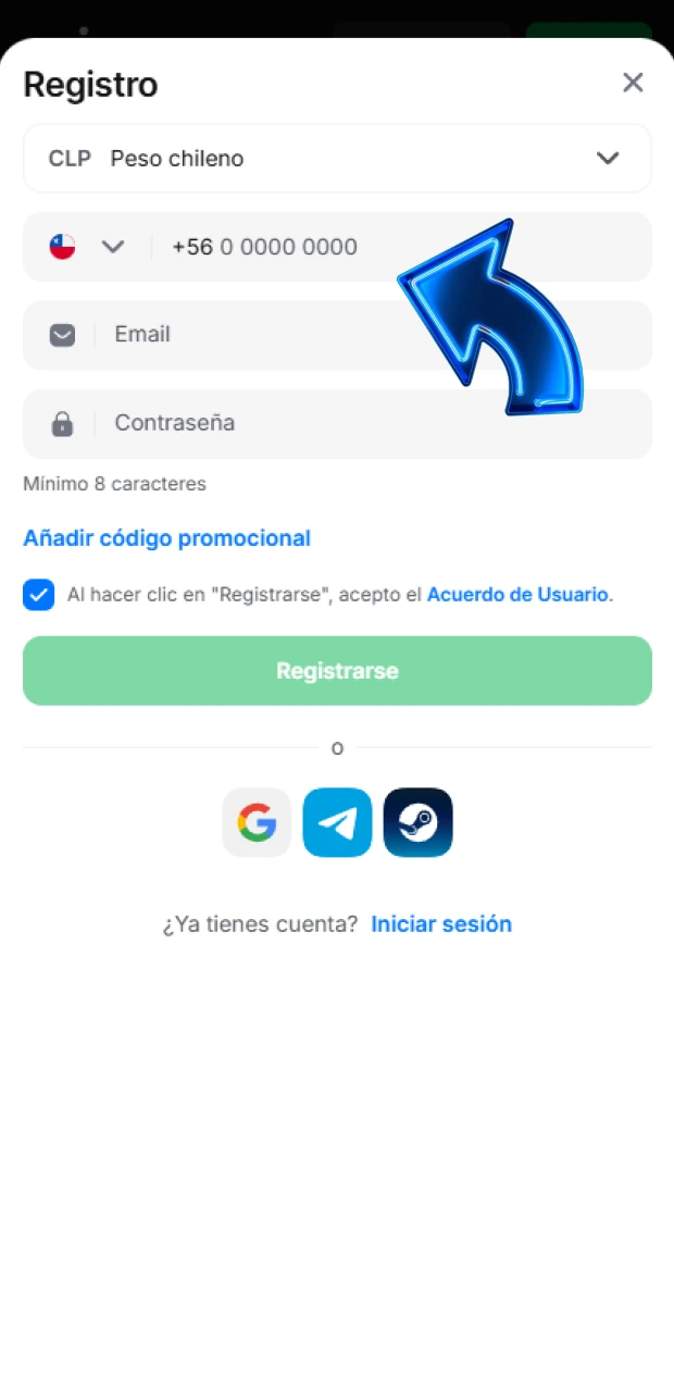 Proporciona los datos necesarios para avanzar en el registro en 1win Chile.